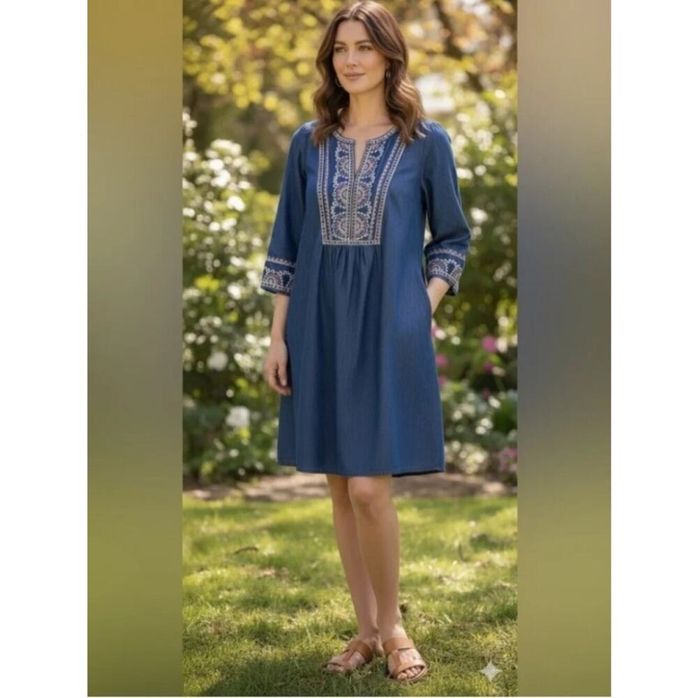 Mark. Denim Dress Blue Jean Shift V-neck Frayed Hem Cotton Sz M